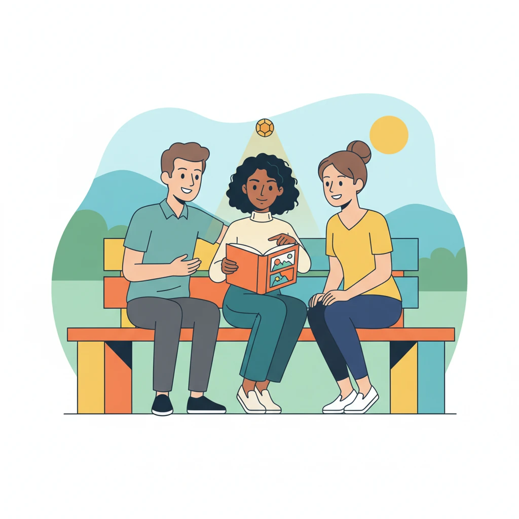 Lumen sits on a bright, geometric bench, sharing the finished storybook with two friends, who are captivated by the clean, vibrant illustrations. Above Lumen's head, another tiny, golden orb begins to glow, signaling a new idea and endless possibilities for creation.