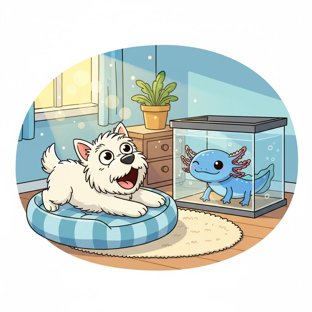 Astrodog, a fluffy white Westie, stretched luxuriously in his cozy dog bed, a wide yawn showing his tiny pink tongue. Nearby, Superaxl, a vibrant blue axolotl, blinked awake in his sparkling aquarium, his gills gently fluttering. The morning sun peeked through their window, promising a new day.