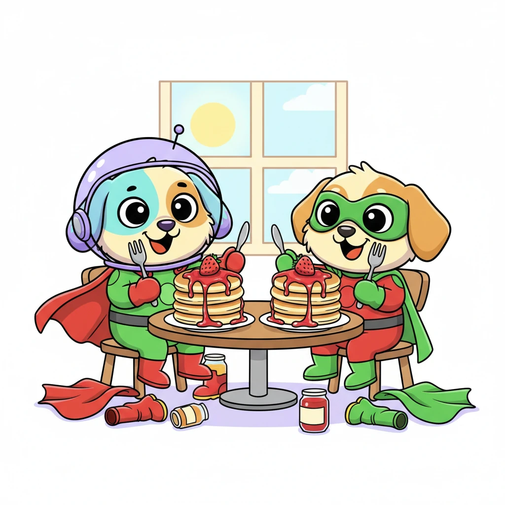 With a flurry of capes, Astrodog and Superaxl zipped into their green and red superhero suits. They then sat down to a delicious breakfast of warm, fluffy pancakes piled high with strawberry jam, their expressive faces beaming with delight.