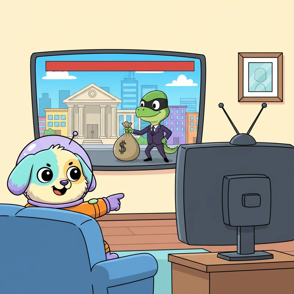 Suddenly, a news report flashed on their TV screen: the sneaky Kleon the Lizard was causing trouble again! He was trying to rob the city bank, his villainous purple suit a stark contrast to the modern, bustling buildings outside. Astrodog and Superaxl exchanged determined glances.