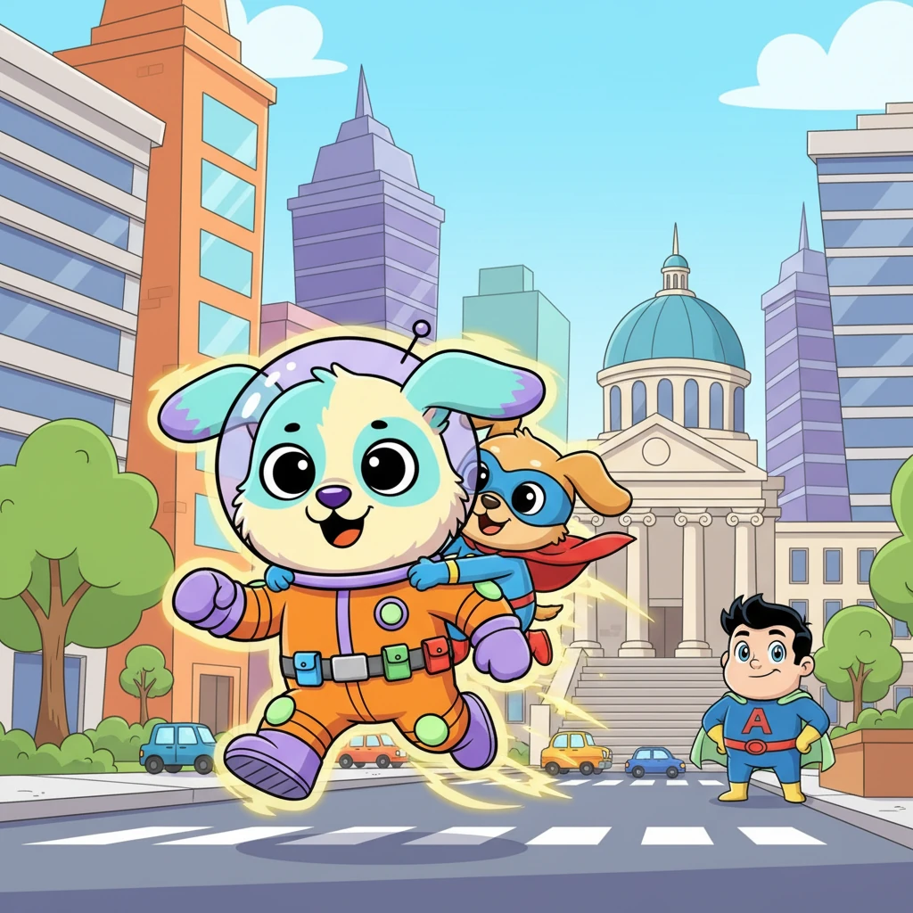 Zooming through the vibrant, cartoonish city streets, Astrodog's golden energy pulsed as he ran at incredible speed, Superaxl clinging bravely to his back. They searched high and low, past towering skyscrapers and busy parks, until they spotted Kleon lurking mischievously near the grand courthouse.