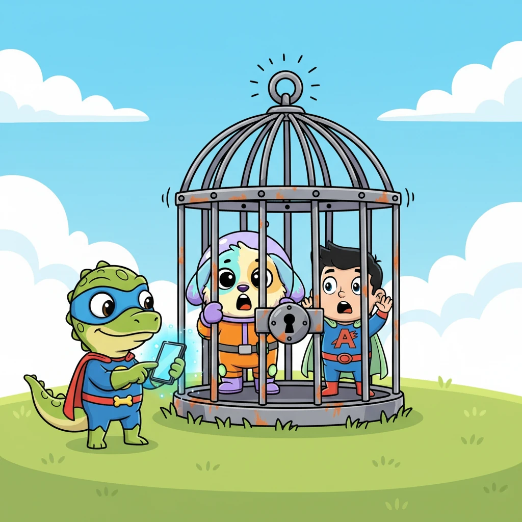 Just as they cornered him, Kleon the Lizard smirked, pulling out his glowing smartphone. With a wicked tap, a heavy metal cage magically sprung up from the ground, clanging shut around our surprised heroes! They were trapped!