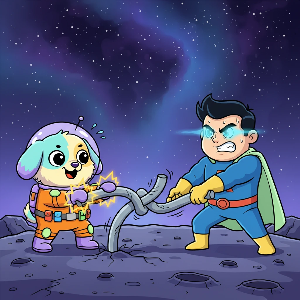 Astrodog and Superaxl knew they had to work together. Superaxl's blue eyes glowed with fierce determination, and Astrodog's paws pulsed with golden energy. With a mighty push and a determined tug, the thick metal bars began to bend and warp under their combined super strength!