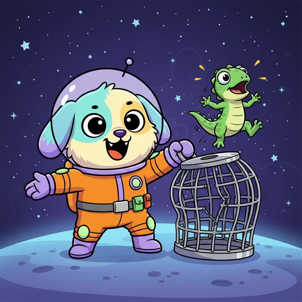 With a triumphant roar, Astrodog burst free, swiftly scooping up the stunned Kleon the Lizard. He playfully tossed the villain into the now-bent metal cage. Kleon squawked in protest, but it was too late!