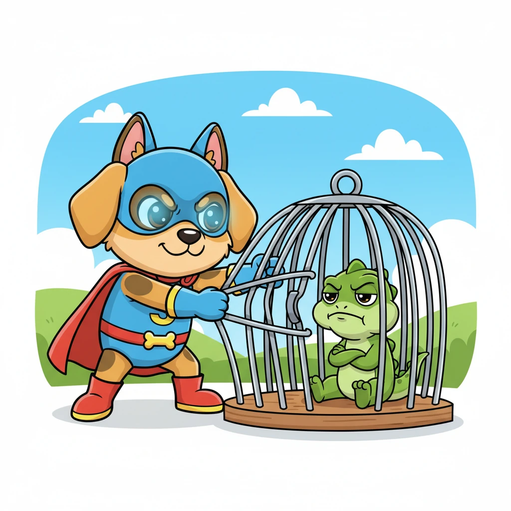 Superaxl, with a focused gaze and his eyes still glowing, quickly bent the cage bars back into place, sealing Kleon inside his own trap. The mischievous lizard was now well and truly caught, looking very grumpy indeed!