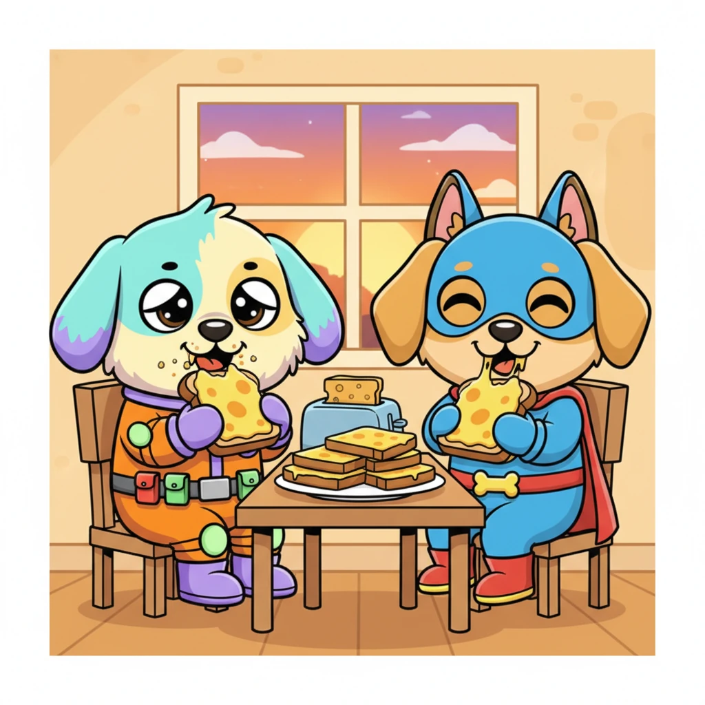 Their mission accomplished, Astrodog and Superaxl returned home as the sun began to set, tired but happy. They celebrated their victory with warm, cheesy toast, their bellies full and their hearts light.