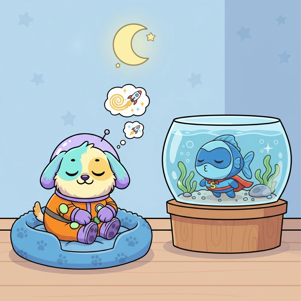 After a quick teeth-brushing session, Astrodog snuggled back into his comfy dog bed, dreaming of golden energy and speedy adventures. Superaxl settled into his sparkling aquarium, his blue eyes gently closing as he drifted off to sleep, ready for tomorrow's heroics.