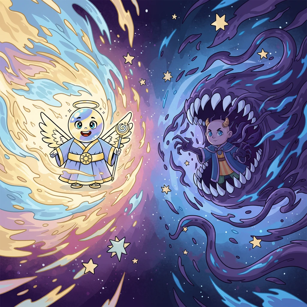 Across a vibrant, swirling cosmos, two colossal, ethereal forces stand in stark opposition. On one side, the Aether glows with gentle, flowing light, embodying harmony and order. Facing it, the Hollow Eye is a vast, shadowy maw, emanating tendrils of fear and chaos that twist towards distant stars, threatening to engulf them.