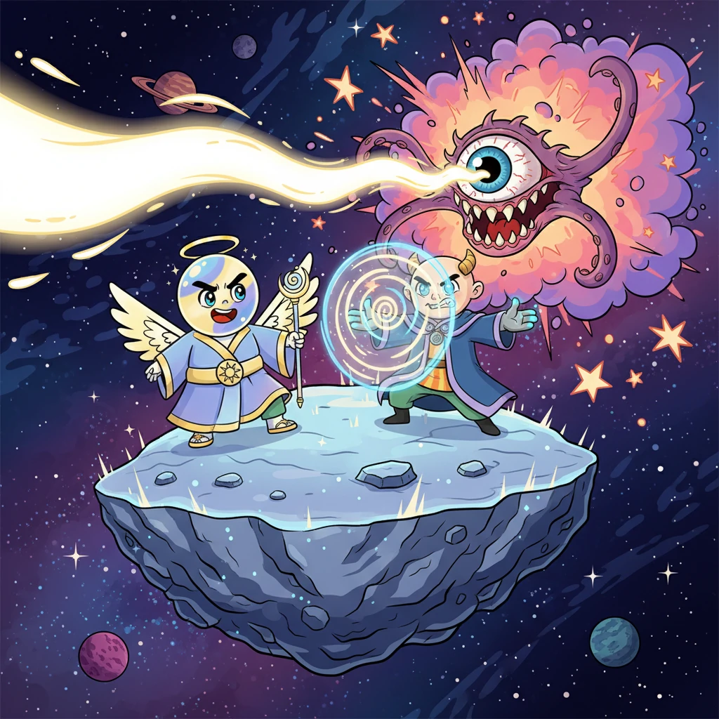 Lyra, the Luminary, with her radiant staff, and Kael, the Watcher, with his eyes glowing with ancient wisdom, stand heroically on a shimmering asteroid. They direct beams of pure light and protective energy towards the monstrous Hollow Eye, which recoils amidst exploding nebulae. Their determined faces show the weight of a century-long cosmic battle.
