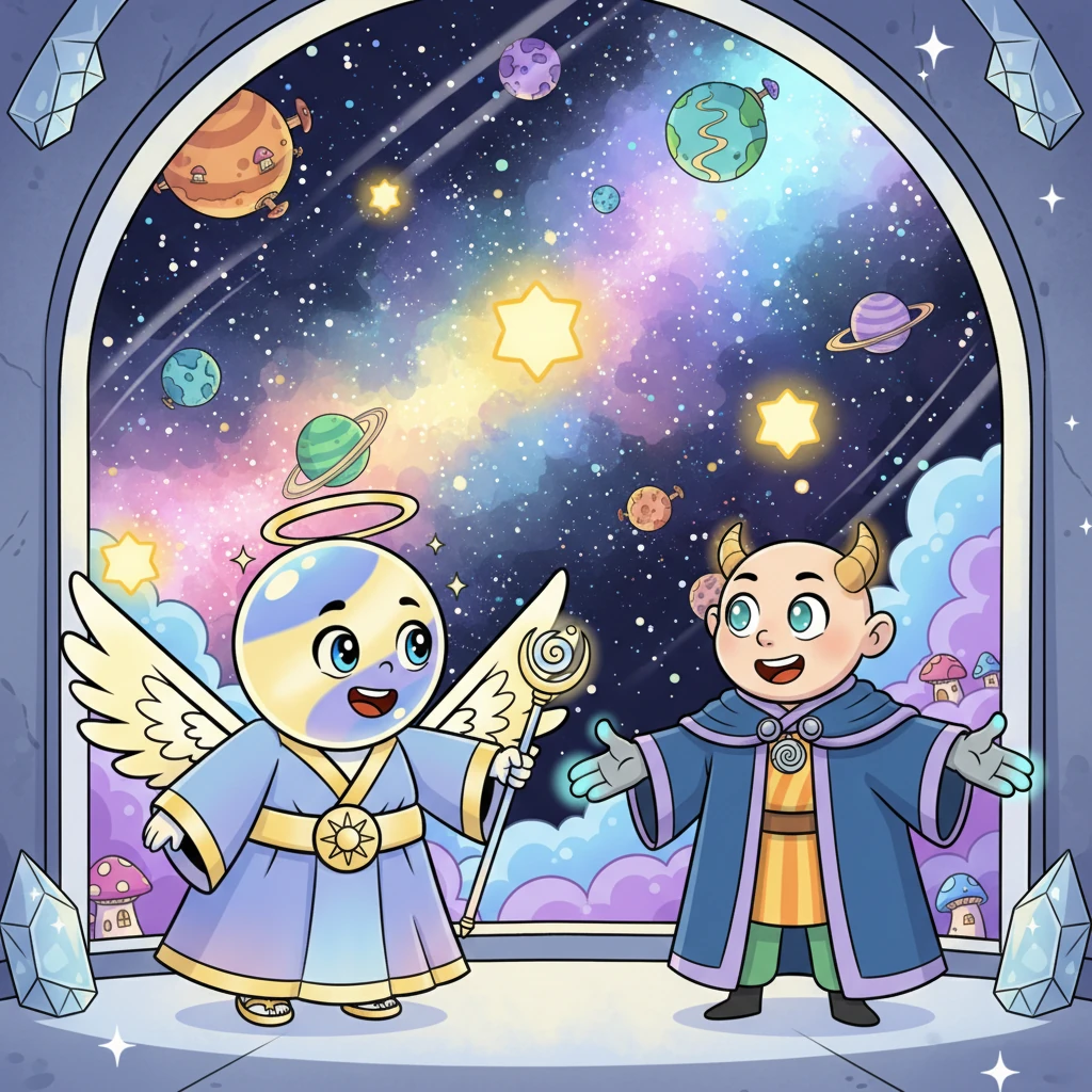 A serene, star-dusted universe unfolds, filled with vibrant planets where tiny, happy civilizations thrive under the gentle glow of newly formed stars. The Hollow Eye is nowhere to be seen, sealed away in a distant, dark void, bringing an era of peace and flourishing life. Lyra and Kael observe from a peaceful, crystalline observatory, their mission seemingly complete.