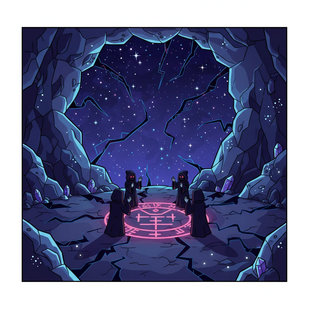 Deep within a forgotten asteroid cavern, shadowy figures in hooded robes, the Children of the Abyss, chant around a glowing, ominous symbol etched into the floor. Cracks of dark energy begin to spread from the symbol, rippling through the cosmos, causing distant stars to flicker and timelines to fracture. A sense of unease creeps across the once-peaceful galaxies.