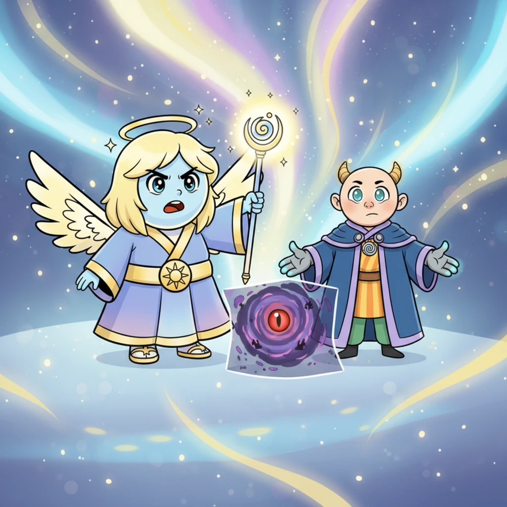 In a shimmering realm of pure light, the Aether, appearing as a benevolent, swirling aurora, pulses with urgency. It projects images of the spreading chaos and the awakening Hollow Eye before Lyra and Kael, who stand with renewed determination. Lyra’s staff begins to glow brightly, acknowledging the renewed call to action.