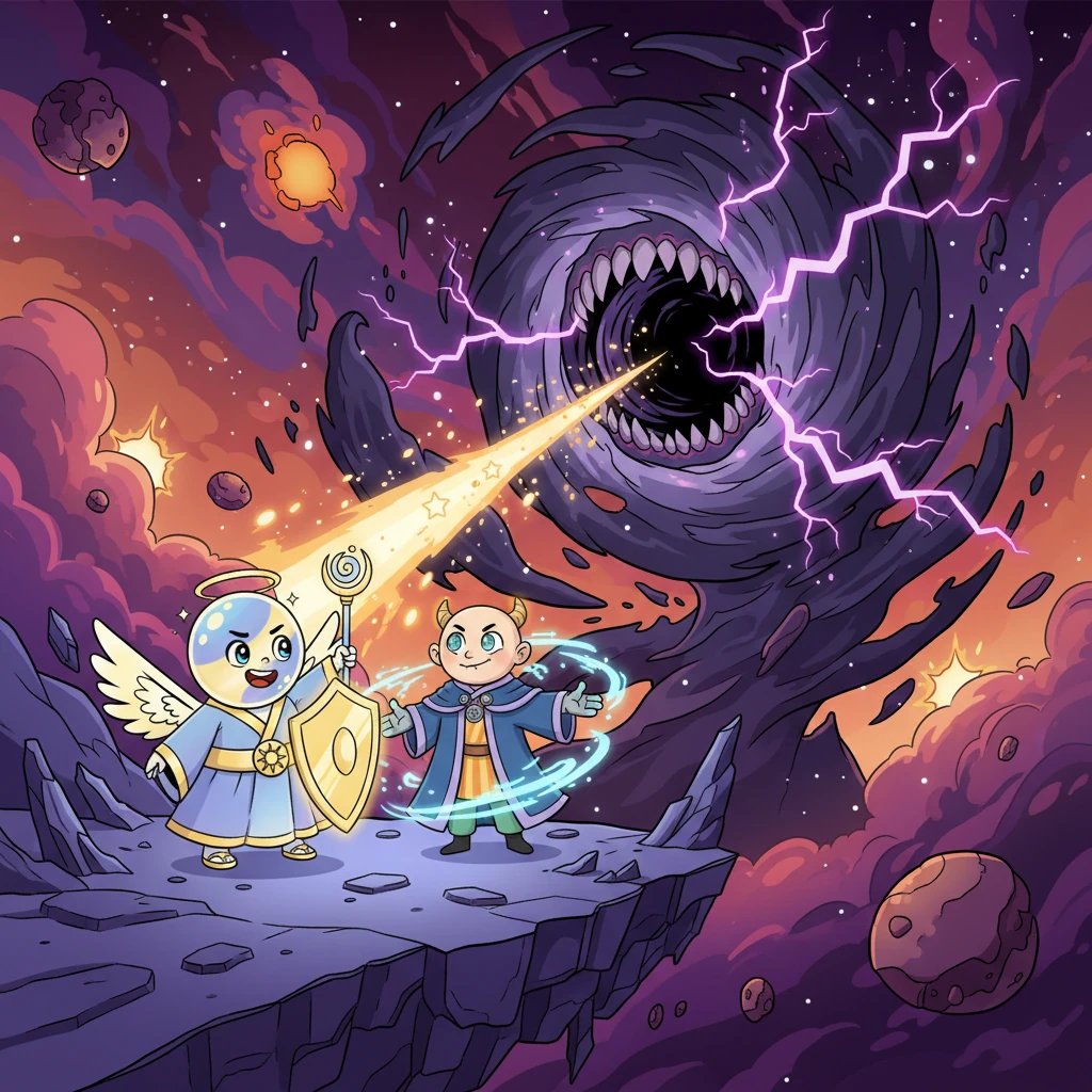 The final confrontation erupts in a breathtaking, shattered cosmos where dying stars form a dramatic battlefield of orange and purple hues. The Hollow Eye, now reborn as a colossal, shadowy entity with a gaping maw, looms over the fractured reality, devouring all light. Lyra and Kael brace themselves, ready to face the overwhelming darkness.