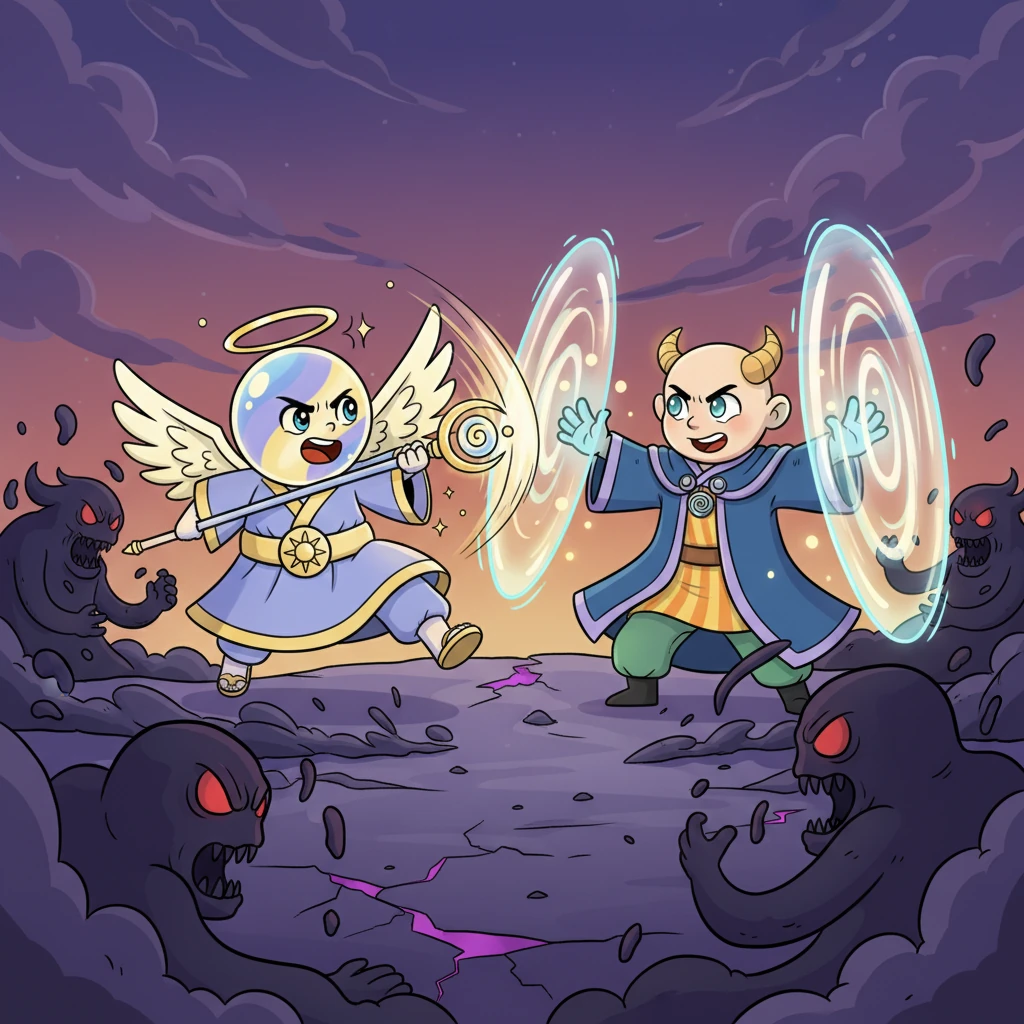 The cultists, now transformed into grotesque, shadowy beings, swarm across the battlefield, spreading corruption with every touch. Lyra, nimble and swift, deflects their dark energy with her staff, while Kael conjures protective shields of pure light, channeling fragments of divine power to hold back the encroaching darkness. Their faces are set with fierce resolve.