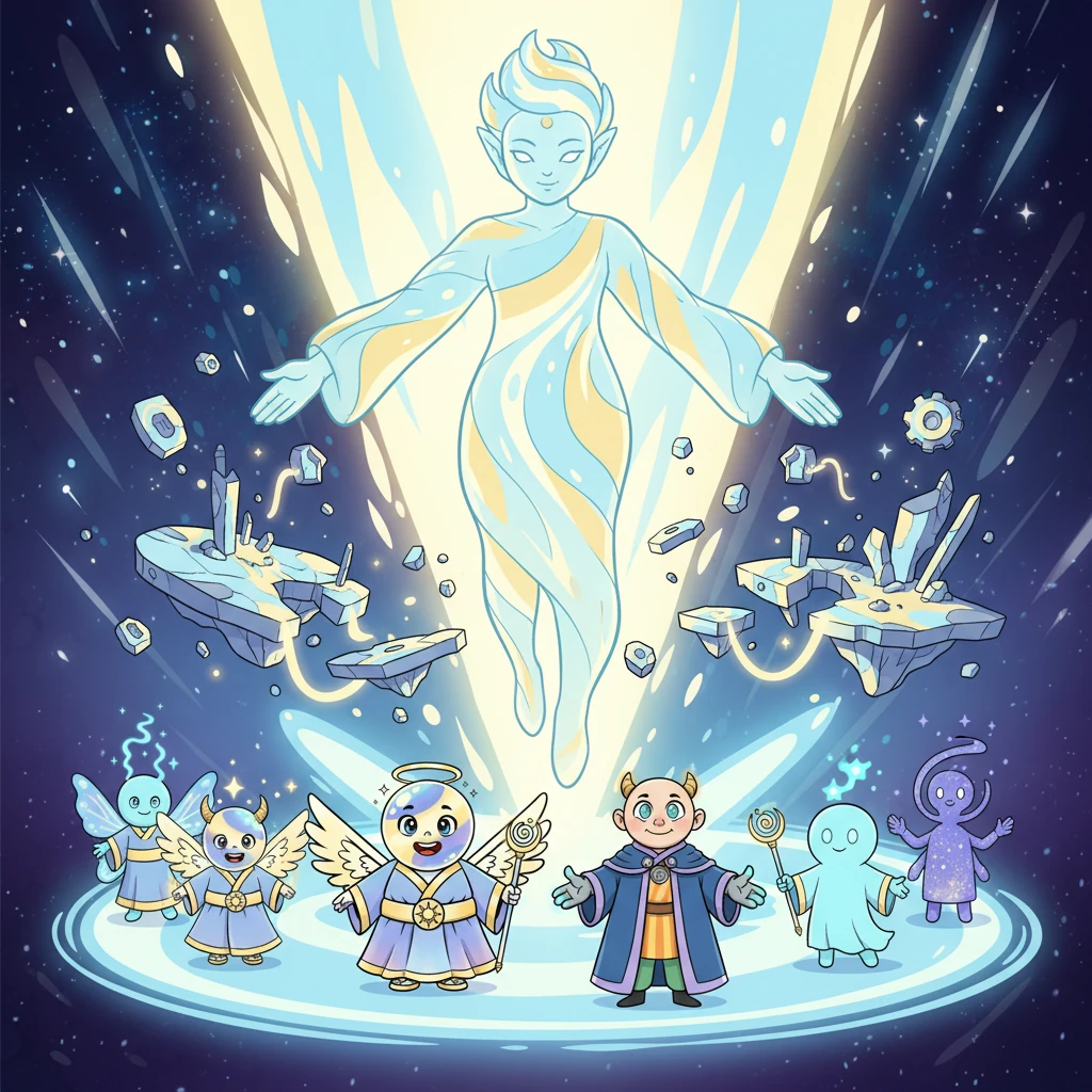 With a magnificent burst of light, the Aether descends into the heart of the chaos, appearing as a benevolent, colossal being of pure energy. It stabilizes collapsing worlds and repairs the laws of physics with its radiant presence. Lyra and Kael, joined by other ethereal beings, form a protective circle around the Aether, amplifying its immense power.