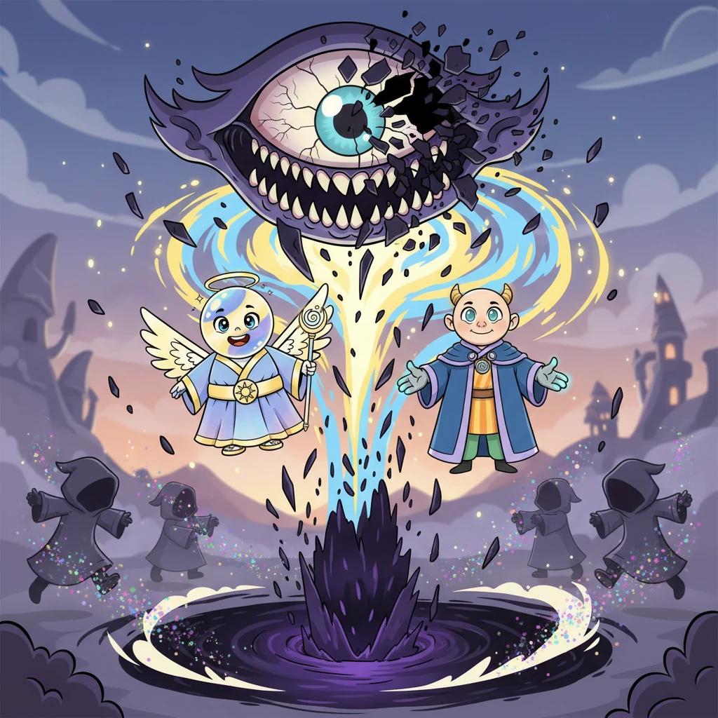 In a blinding flash of divine energy, Lyra, Kael, and the Aether unleash a devastating attack, shattering the monstrous Hollow Eye into countless fragments of shadow. These fragments are then drawn into a reinforced, unbreakable void, sealing the entity forever. The cultists dissolve into harmless cosmic dust, their dark rituals undone.