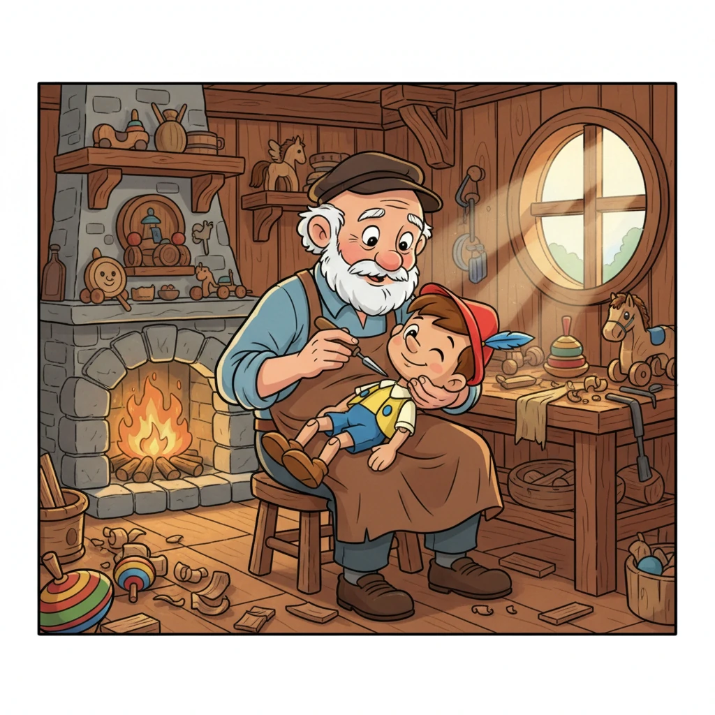 Geppetto, un amable carpintero con mejillas sonrosadas, esculpe con amor un muñeco de madera en su taller lleno de juguetes. Su rostro arrugado muestra un gran deseo mientras le da los últimos toques a su creación. "¡Ojalá fueras un niño de verdad!", suspira con cariño.