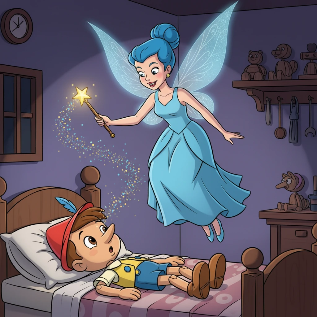 Esa noche, una brillante Hada Azul con alas de mariposa y una sonrisa dulce, aparece flotando sobre Pinocho. Con un toque mágico de su varita, los ojos de madera de Pinocho se abren lentamente. ¡El muñeco ha cobrado vida!