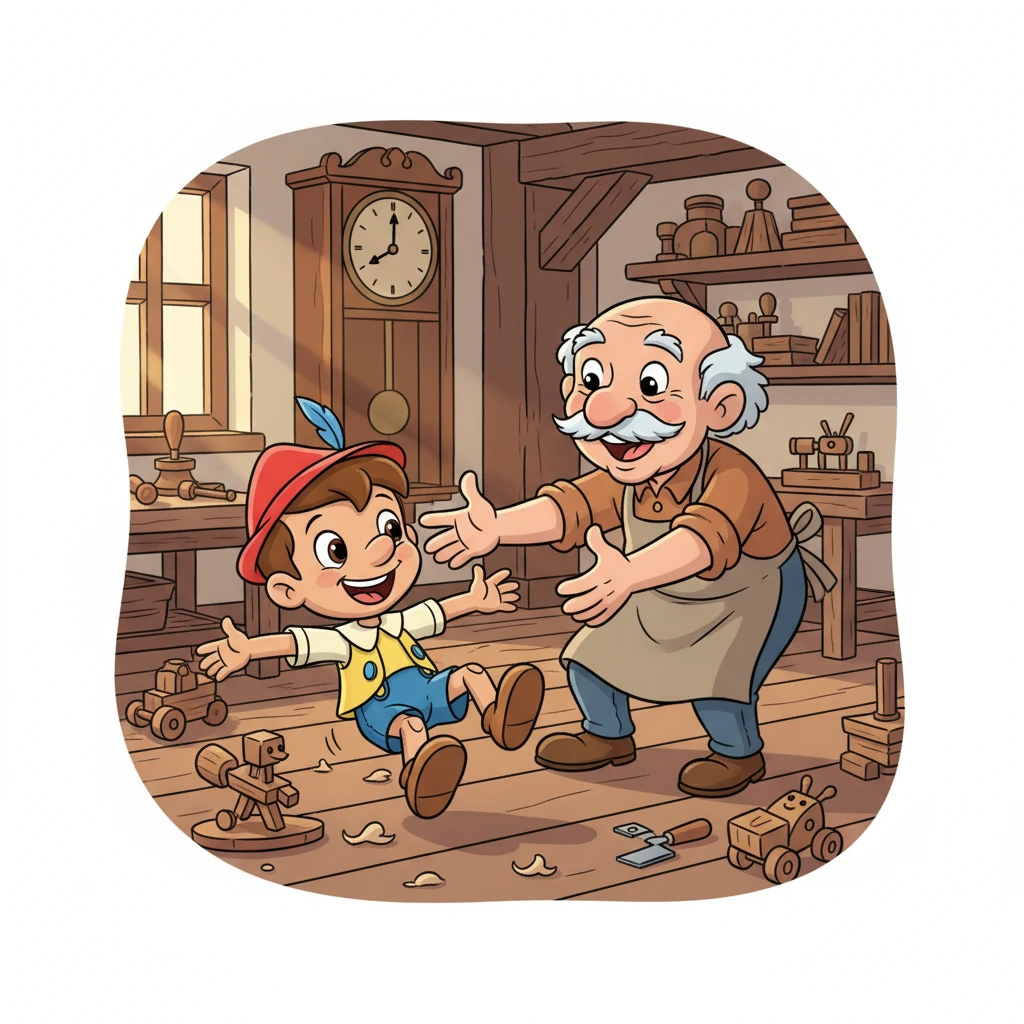 Pinocho, con sus grandes ojos curiosos, intenta dar sus primeros pasos, balanceándose torpemente y cayendo con risas. Geppetto lo atrapa con brazos abiertos, y juntos ríen de alegría. Pinocho es un poco travieso, pero muy divertido.