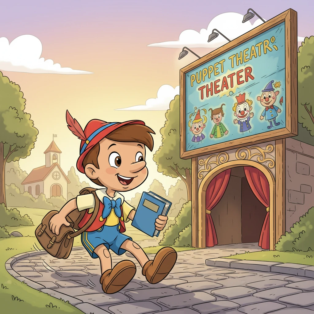 Un día, Pinocho va camino a la escuela, cargando su mochila y un libro. Pero un cartel brillante de un teatro de marionetas lo distrae. Olvidando la escuela, se desliza hacia el espectáculo, su rostro lleno de asombro.