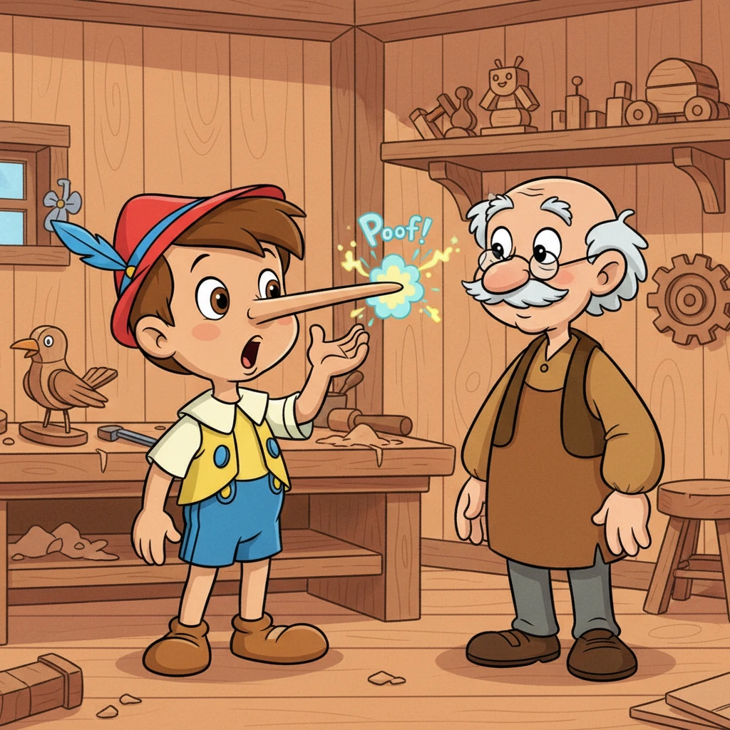 Cuando Geppetto le pregunta por qué no fue a la escuela, Pinocho inventa una pequeña mentira. ¡Poof! Su naricita de madera empieza a crecer y crecer, sorprendiéndolo. Se ve muy chistoso con esa nariz tan larga.
