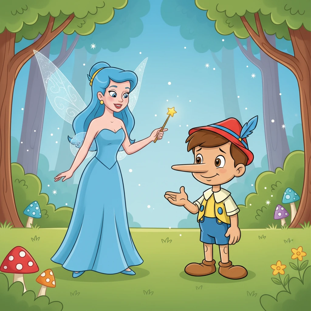 Pinocho se siente un poco triste y avergonzado por su nariz larga y su mentira. Con ayuda del Hada Azul, que le explica lo importante de decir la verdad, decide ser un niño honesto y bueno. Su nariz vuelve a su tamaño normal.