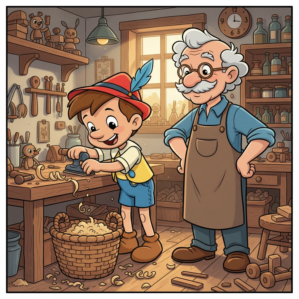 Para demostrar que ha aprendido, Pinocho ayuda a Geppetto en el taller, lijando maderas y recogiendo virutas con gran entusiasmo. Trabaja con una gran sonrisa, sabiendo que hacer el bien se siente mucho mejor. Geppetto sonríe orgulloso.