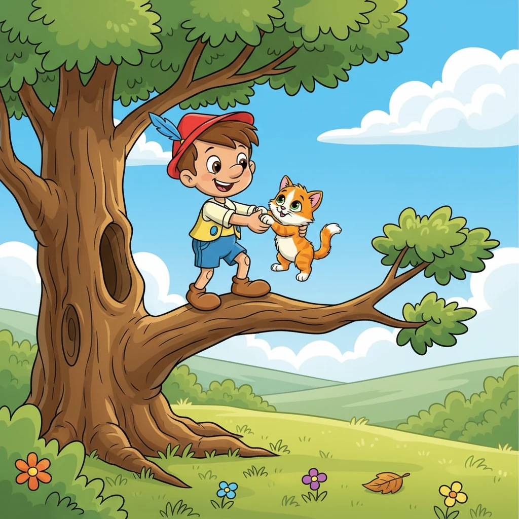 Un día, mientras jugaba, Pinocho ve a un gatito atrapado en un árbol y, con valentía, lo ayuda a bajar con cuidado. El gatito maúlla agradecido y Pinocho siente su corazón lleno de felicidad. Ser valiente y amable es muy importante.