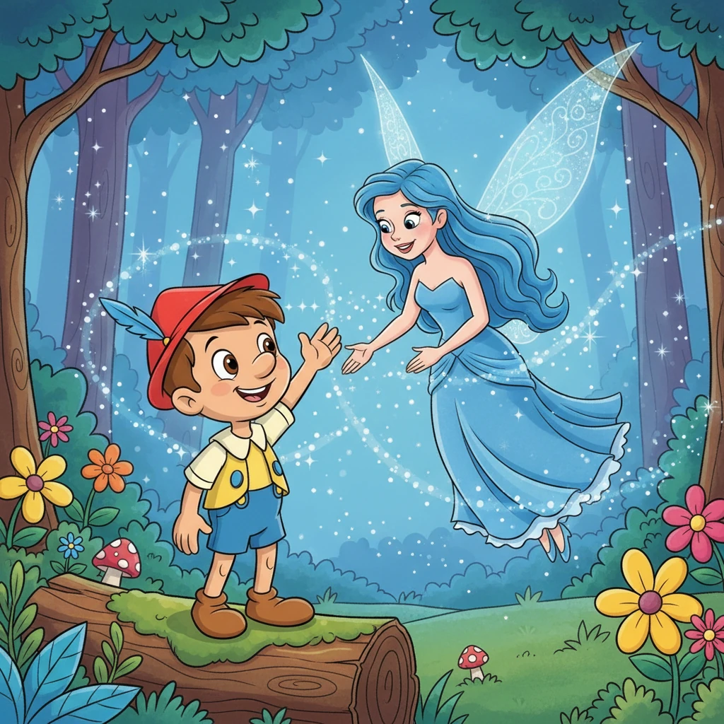 El Hada Azul, viendo la bondad y el esfuerzo de Pinocho, regresa con un brillo especial. Ella sonríe dulcemente, sabiendo que Pinocho ha demostrado ser un niño de buen corazón. Su mirada es de orgullo y cariño.