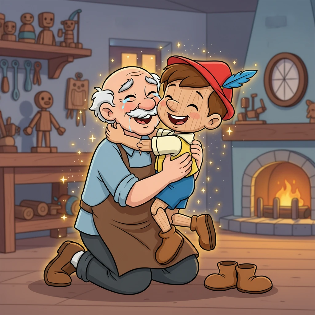 Con otro toque mágico, Pinocho siente un cosquilleo y, ¡zas!, sus piernas y brazos de madera se vuelven suaves y reales. Ha cumplido su sueño. Corre a abrazar a Geppetto, quien lo sostiene con lágrimas de felicidad, ¡su pequeño Pinocho ahora es un niño de verdad!
