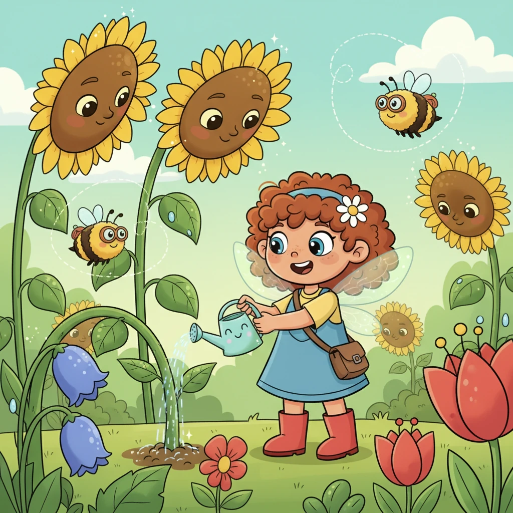 In a world bursting with color, Pip, a cheerful little garden sprite, lovingly tended to his magnificent garden. Exaggeratedly tall sunflowers bowed their heads, while plump, smiling bees zipped between sparkling dewdrops on giant, wobbly petals. Every leaf and blossom in Pip's care vibrated with happiness, making it the most joyful spot in the land.