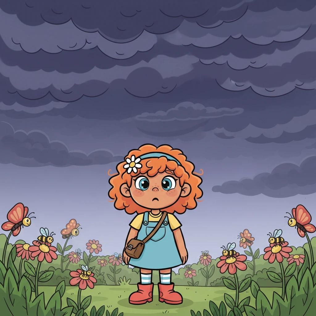 Suddenly, the sky began to darken with cartoonishly dark clouds, streaked with deep purples and grays, rolling in from the horizon. A strange quiet fell over the garden, and the usually bustling insects grew still. Pip looked up, his wide, expressive eyes furrowed with a tiny hint of worry.