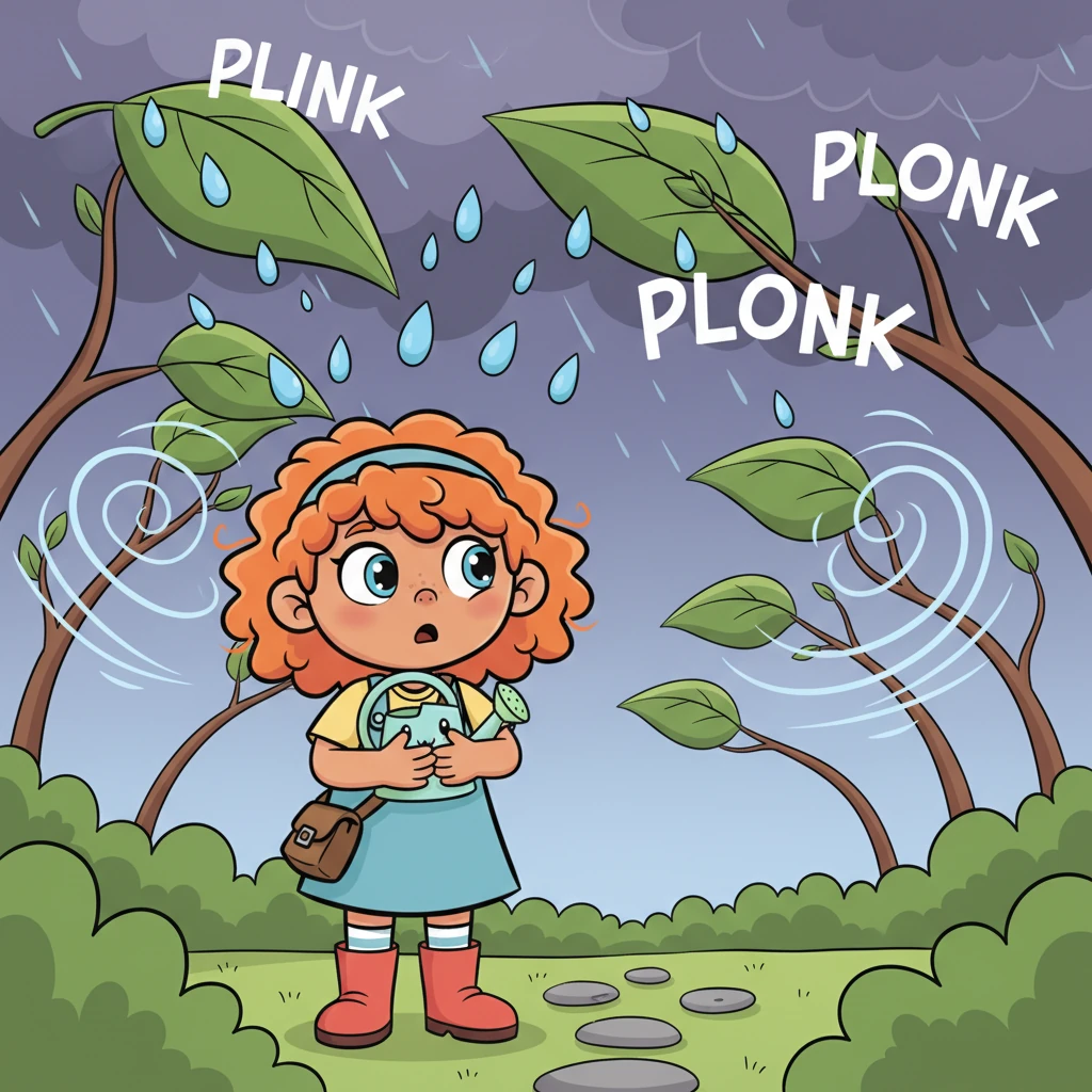 The first huge, cartoon raindrops splatted onto the leaves, making comical 'plink-plonk' sounds. A dramatic gust of wind swirled through the trees, making their branches sway like rubber bands. Pip clutched his tiny watering can, his face a mix of surprise and growing concern as the sky rumbled ominously.