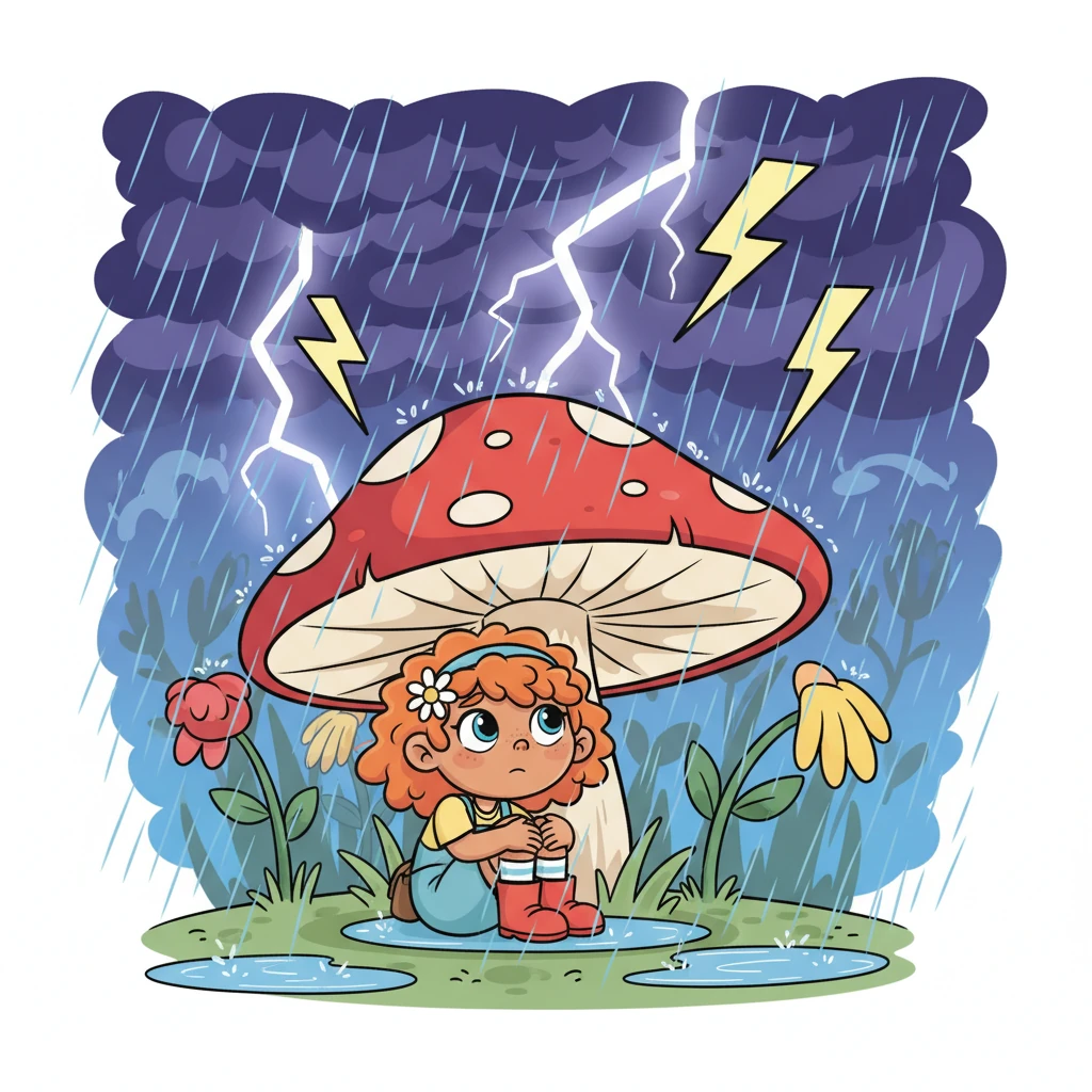 Without warning, the storm hit with a roar! Jagged lightning bolts zigzagged across the sky, illuminating the swirling lines of wind and sheets of rain. Pip, wide-eyed with awe and a little fear, huddled under a large, wobbly mushroom, watching the garden transform into a wild, abstract painting of chaos.