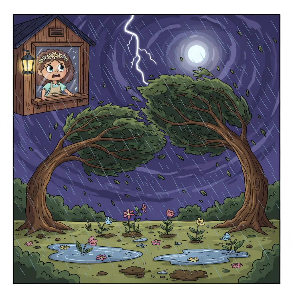 The storm raged on through the night, a relentless ballet of wind and water. Trees bent almost in half, their leaves thrashing wildly, and delicate flowers were flattened into colorful puddles. Pip watched helplessly from his shelter as his beautiful garden was tossed and turned, becoming completely unrecognizable.