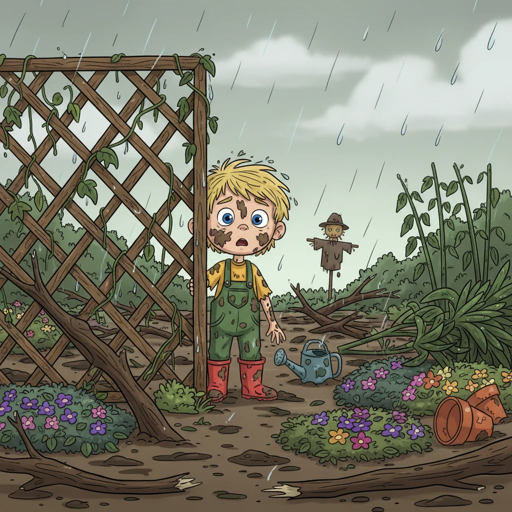 The next morning, an eerie silence hung in the air, broken only by the drip-drip of water from soaked leaves. Pip slowly emerged, his face streaked with mud, to a sight of utter devastation. Broken branches lay scattered like giant pickup sticks, flattened blossoms formed muddy carpets, and once-proud plants were reduced to tangled heaps.