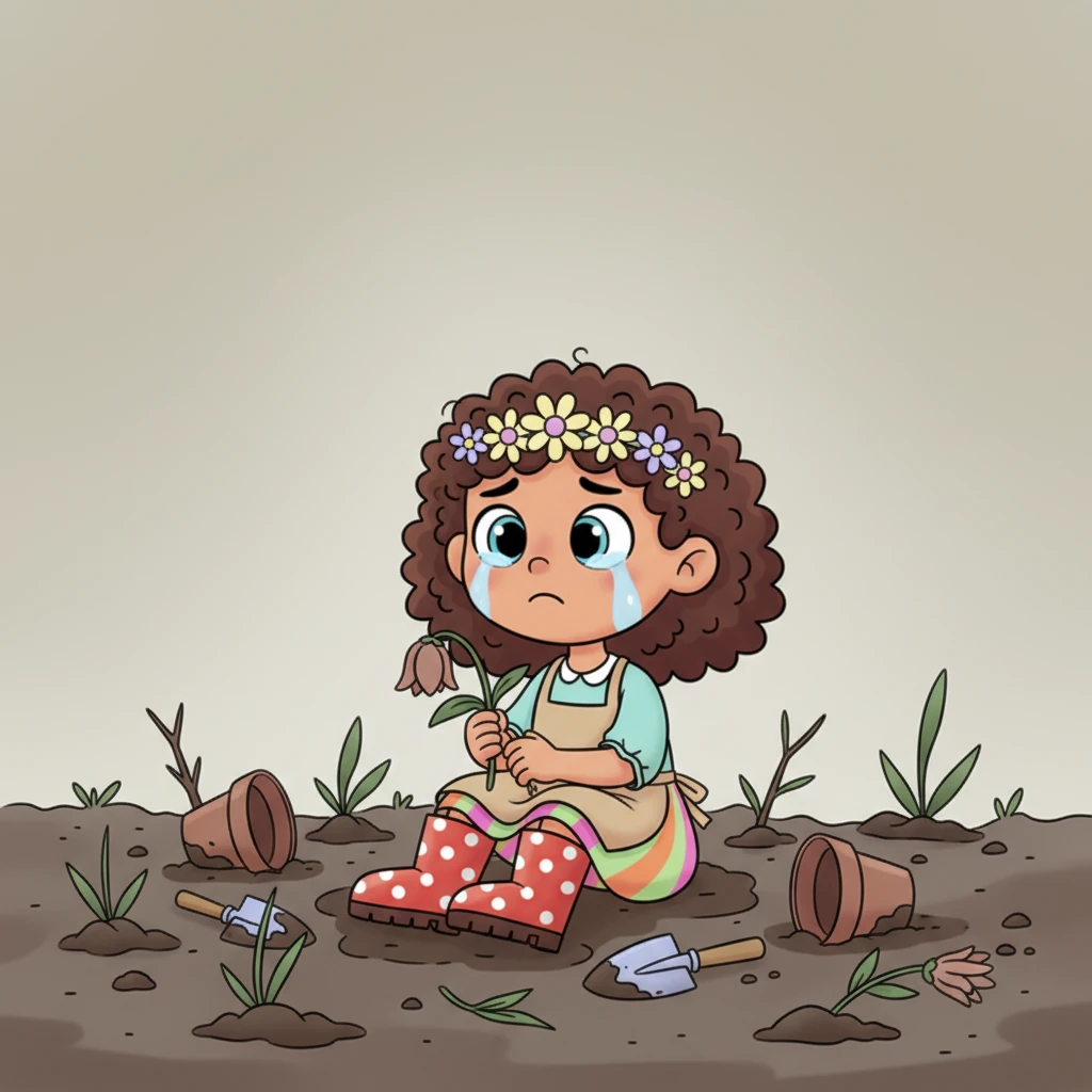 A wave of sadness washed over Pip as he sat amidst the wreckage, his shoulders slumped and a single tear welling in one oversized eye. He carefully picked up a wilting flower, its vibrant colors now muted and dull. The once-lively garden was now a quiet, muddy mess, and Pip felt a heavy ache in his little heart.