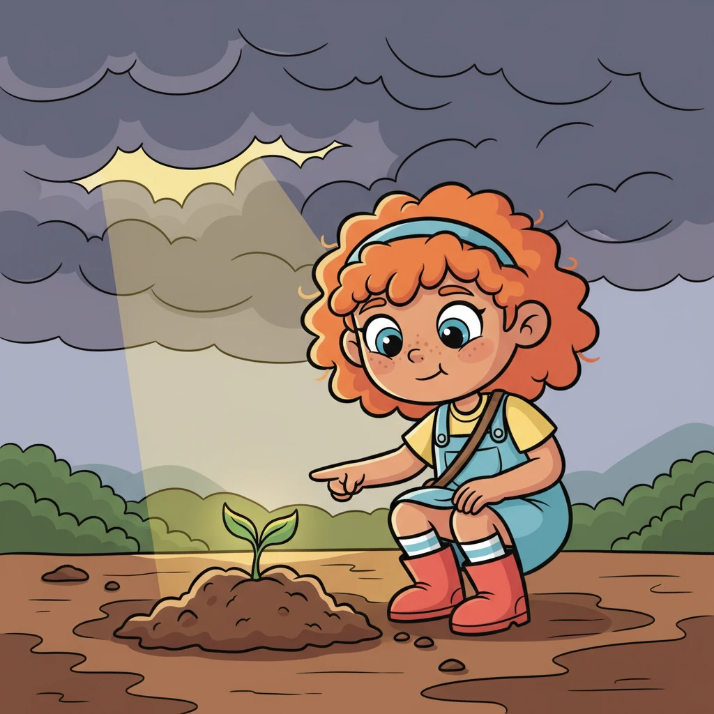 Just as despair threatened to overwhelm him, Pip noticed a tiny, bright green sprout pushing bravely through the dark brown mud, unfurling a brave new leaf. A hopeful, yellow ray of sunlight broke through the lingering clouds, illuminating the tiny plant. A small, determined smile slowly spread across Pip's face.