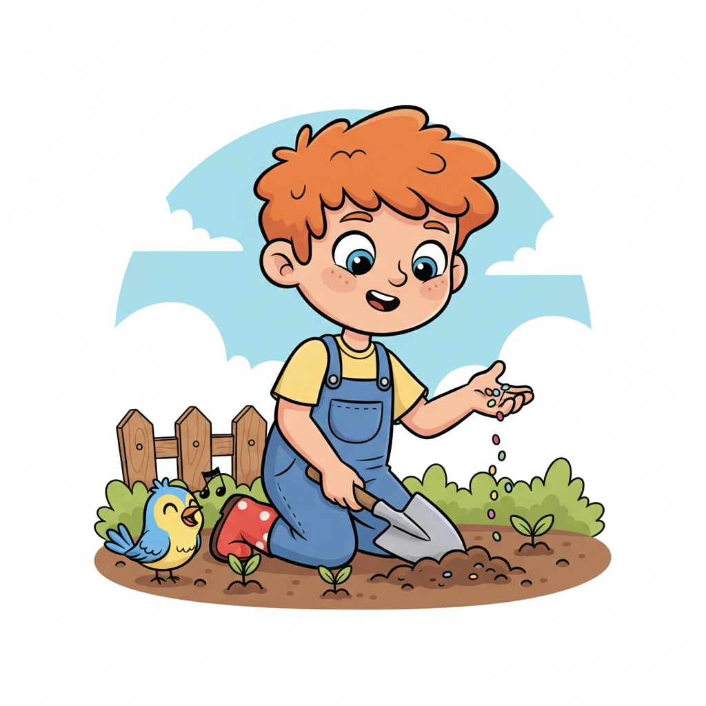 With a renewed sense of purpose and a determined grin, Pip grabbed his tiny shovel, ready to begin the monumental task of rebuilding. He carefully scattered colorful new seeds, envisioning a future garden even more beautiful than before. A playful bird landed nearby, chirping a cheerful tune, ready to help Pip bring his beloved garden back to life.