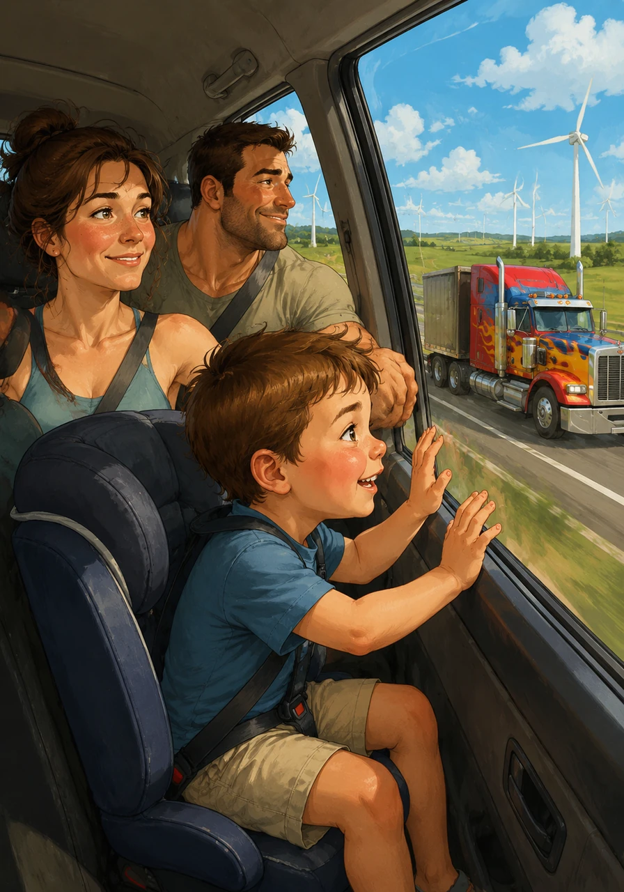 The highway stretched out like a long ribbon under a bright blue sky, surrounded by wide green fields. Leo watched out the window as giant windmills spun lazily in the distance, looking like friendly metal giants. He pressed his nose against the cool glass, giggling every time a big, colorful truck honked its horn as it rolled past them.