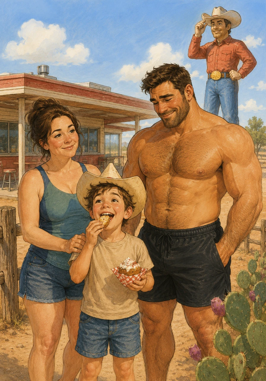 By afternoon, the landscape changed into the grand, dusty plains of Texas, filled with prickly green cacti and old wooden fences. They stopped at a quirky roadside diner where a giant, friendly cowboy statue stood taller than the trees. Leo ate a delicious snack while wearing a paper cowboy hat, feeling like a real explorer of the Wild West.