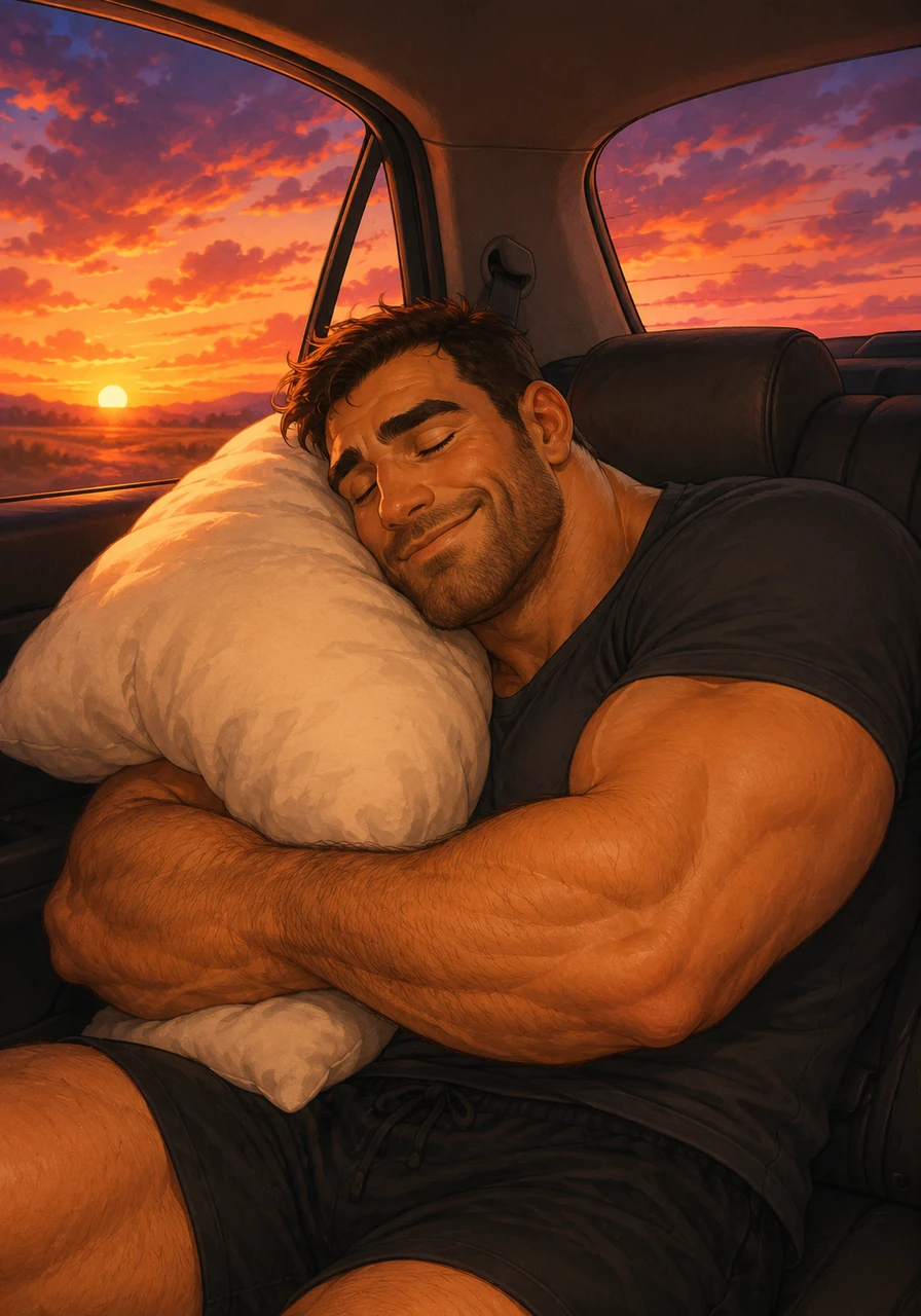 As the sun began to dip lower in the sky, it painted the clouds in beautiful shades of bright orange, soft pink, and deep purple. Leo rested his head against his fluffy pillow, watching the colors fade into a warm, gentle twilight. The steady hum of the car tires on the road felt like a soothing song, making his eyelids feel wonderfully heavy.