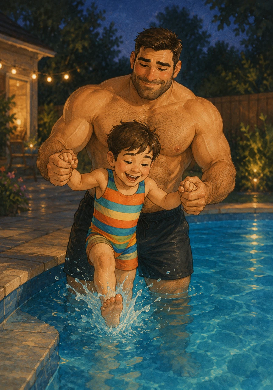 Leo quickly changed into his bright striped swimsuit and ran out to the poolside, his heart thumping with excitement. He dipped his toes into the water and giggled at how perfectly warm and soothing it felt against the cooling night air. Daddy held his hands tight as Leo took a big, brave step off the edge and splashed happily into the shallow end.