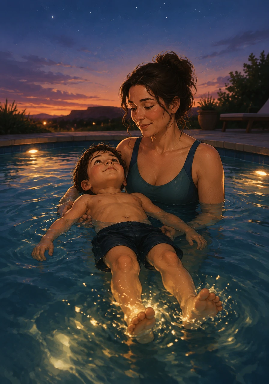 Floating on his back with Mommy supporting him, Leo looked up at the vast Texas sky as the very first stars began to twinkle into view. The water gently rocked him back and forth, washing away all the tiredness from the long day of driving. He kicked his feet softly, creating tiny, sparkling ripples that caught the light of the pool lamps.