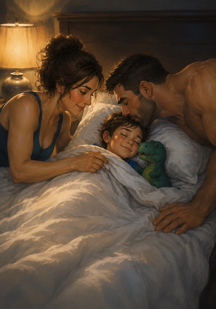 Climbing into the big, soft hotel bed, Leo tucked his favorite toy dinosaur right under the crisp, cool sheets next to him. Mommy pulled the heavy blankets up to his chin, and Daddy kissed his forehead, whispering sweet dreams of highways and starlight. The room was dark and quiet, filled only with the comfort of his family sleeping nearby.