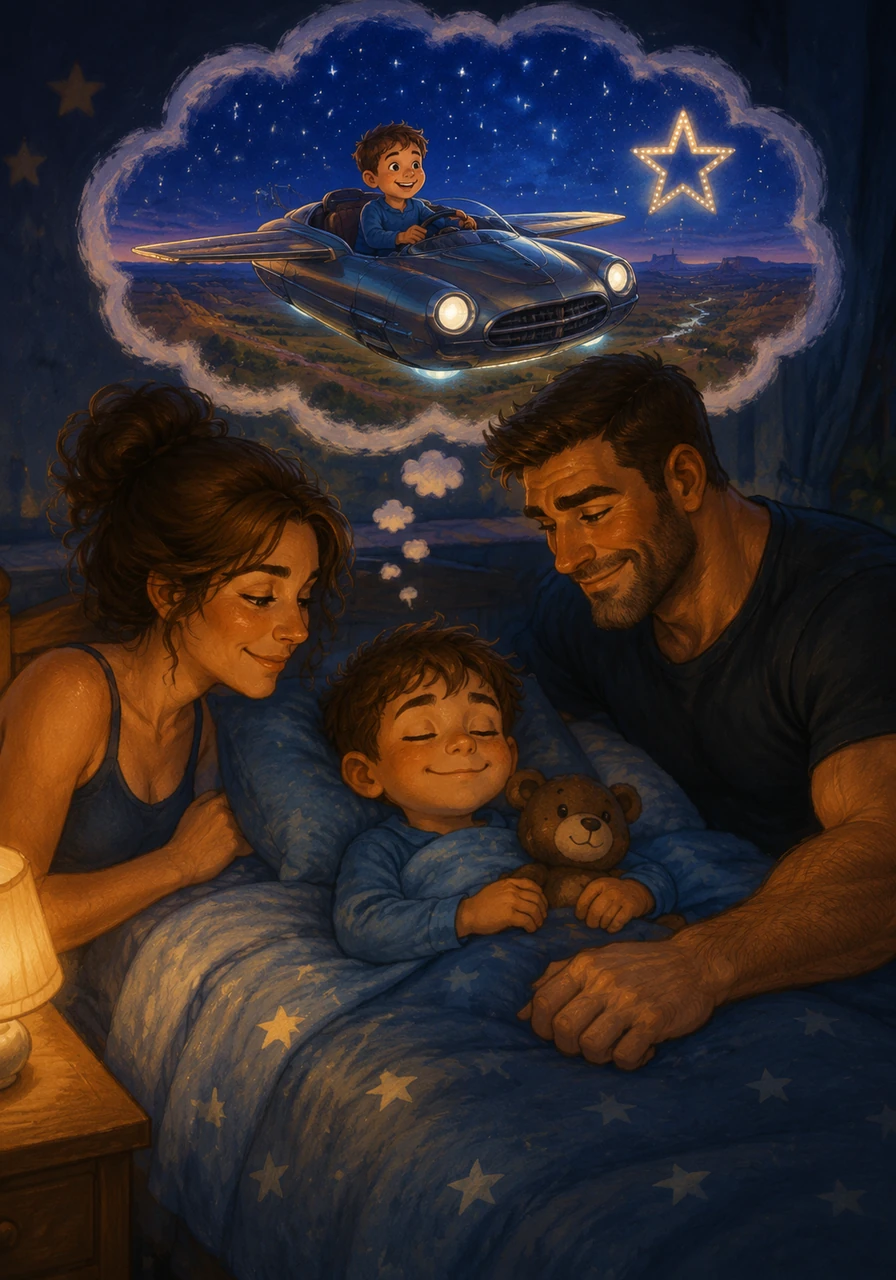 Leo closed his eyes with a peaceful smile, still feeling the gentle, rocking motion of floating in the warm pool. In his cozy dreams, he was driving a flying car beneath a sky full of bright, twinkling Texas stars. Snugged tight in his bed, the little adventurer drifted off into a deep, happy, and beautiful sleep.
