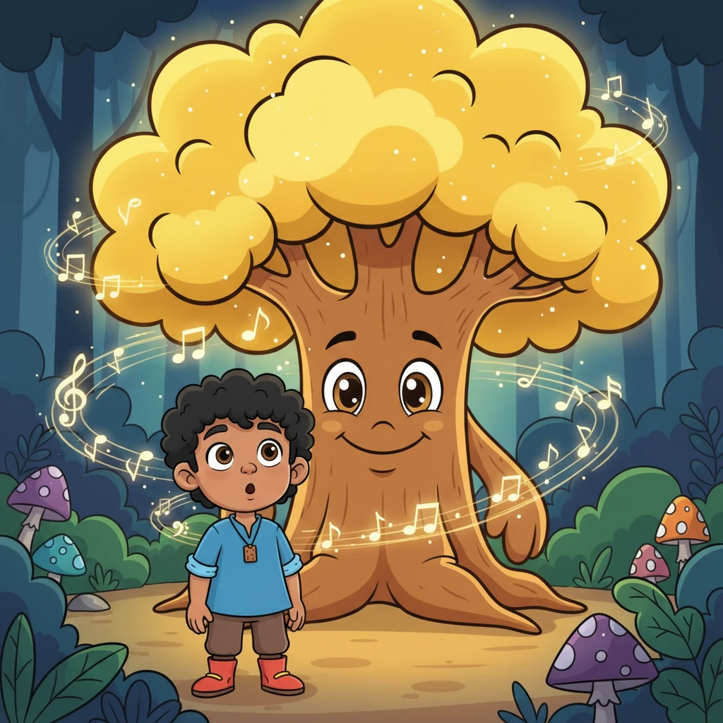 Deeper inside, Aarav's eyes widened. Before him stood a colossal, glowing tree with leaves like shimmering gold. Soft, melodic music danced through the air, making him feel a mix of awe and a tiny bit of fear.