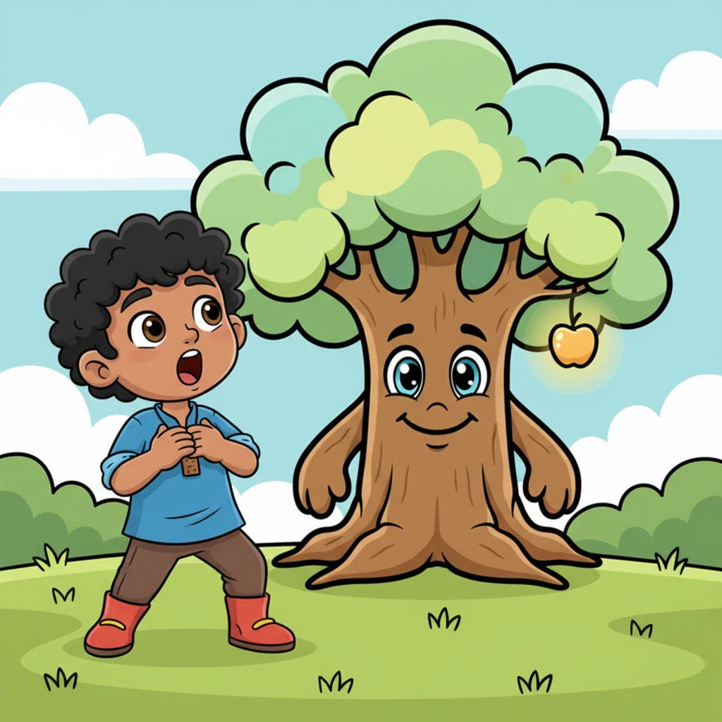 Suddenly, a warm, gentle voice echoed, "Do not be afraid, Aarav. I am the Tree of Truth." Aarav gasped in surprise, asking how the magnificent tree knew his name.