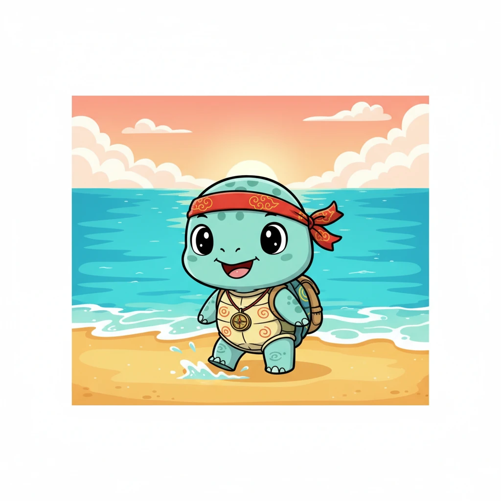 小海龟贝贝站在温暖的沙滩上，小小的眼睛里闪烁着对大海的好奇与向往。这是它第一次准备离开海岸，去探索那片广阔的蓝色世界。海浪轻轻拍打着沙滩，仿佛在呼唤它勇敢前行。