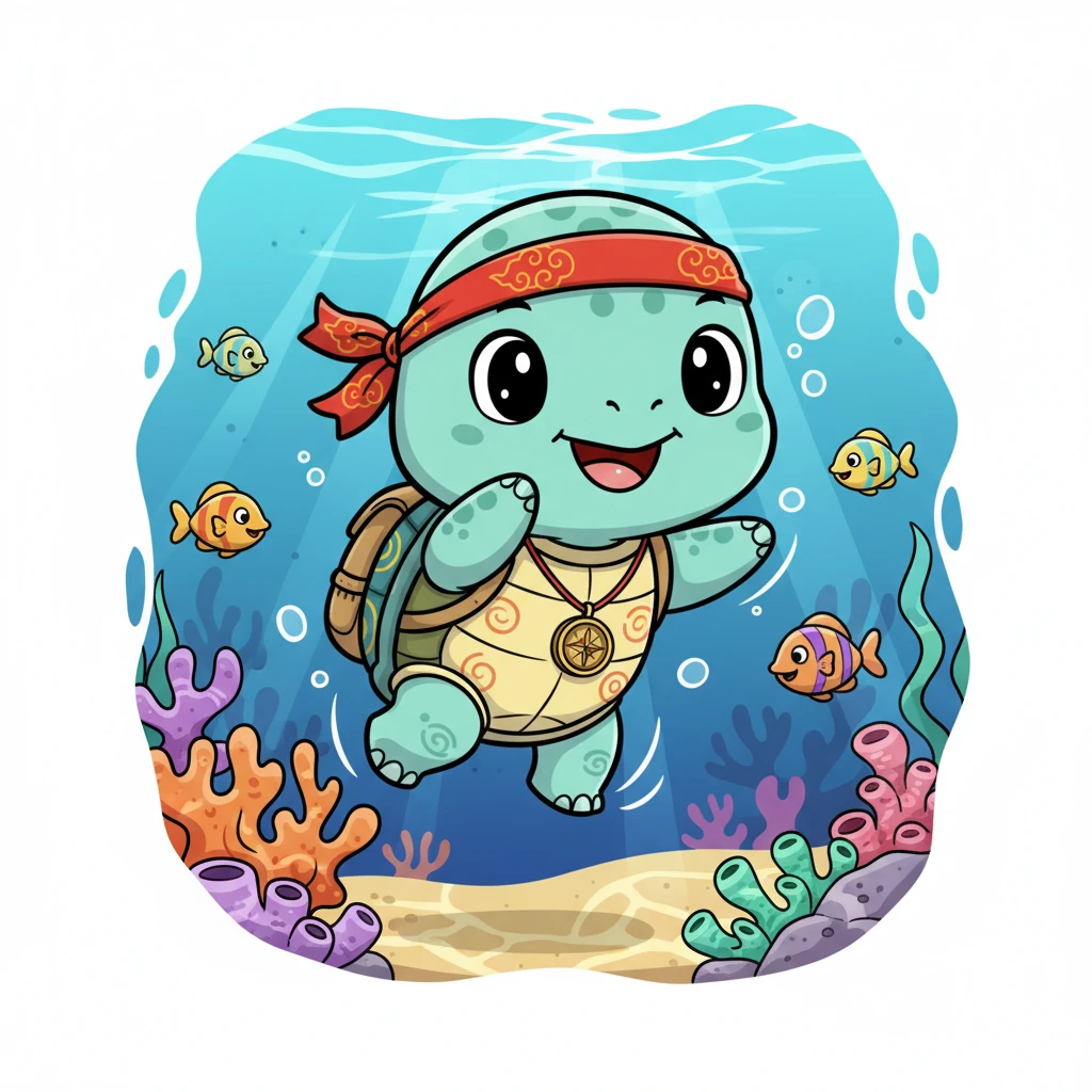 贝贝鼓足勇气，小小的身体没入清凉的海水中。它感到海水温柔地包裹着自己，阳光透过水面，在海底洒下斑驳的光影。周围的一切都是那么新奇，让它兴奋地摆动着四肢。